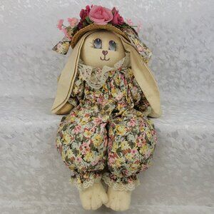 Vintage Handmade Cloth Bunny in Sunbonnet & Pink Floral Outfit 16” Spring Decor
